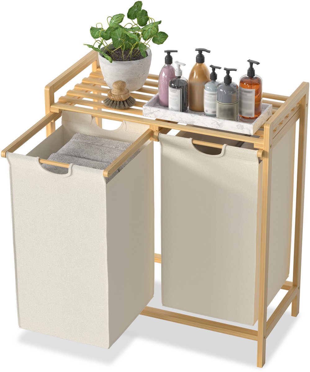 ACXIN Bamboe Wasmand Met 2 Vakken - Oxford Stof - Afneembaar En Wasbaar - 72 L - Beige