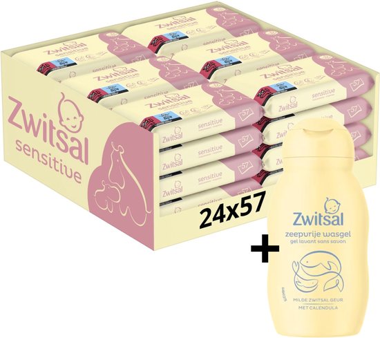 Zwitsal Sensitive billendoekjes 24x57 verpakking met zeepvrije wasgel.