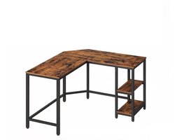 Hoekbureau L-vormig Computertafel Bureau met 2 open opbergvakken, geschikt voor thuiswerken, studeren, schrijven en gamen, eenvoudig te monteren, ruimtebesparend, 120 x 130 x 76 cm, bruin + zwart