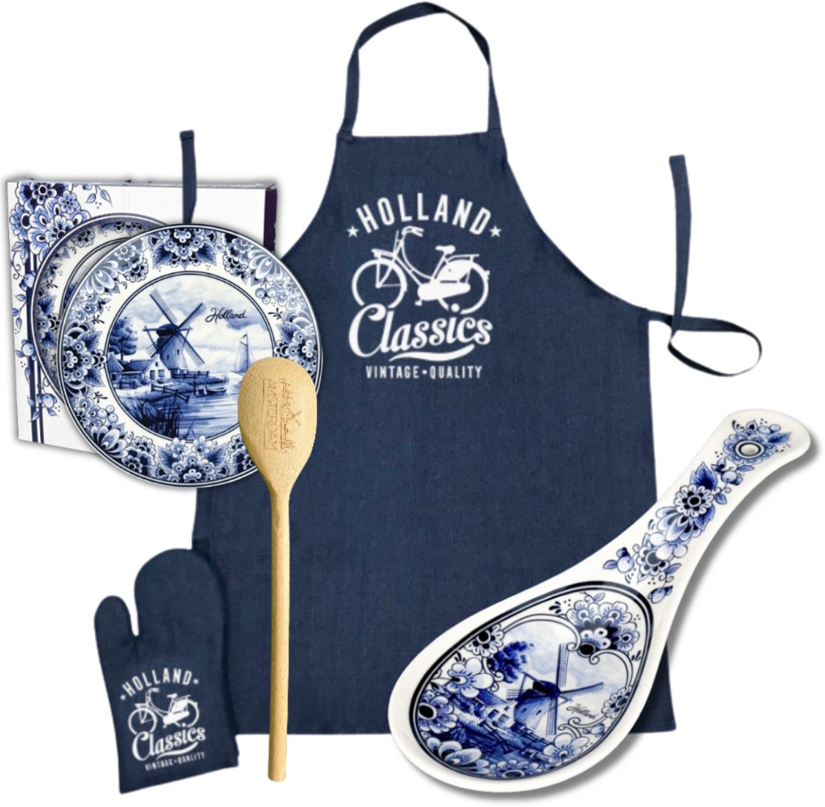 Souvenirs Holland - Keukenset - Delfts blauw - Molen - Lepelhouder - Delfts blauw cadeau - 2 borden 20cm - Holland pakket