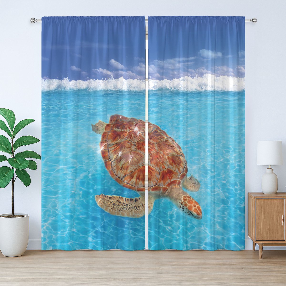 ABAKUHAUS Rustiek Schildpadgordijn, Chelonia Wateroppervlak, Slaapkamergordijn met plooien, lussen en haken, 280 x 225 cm, Violetblauw Lichtbruin