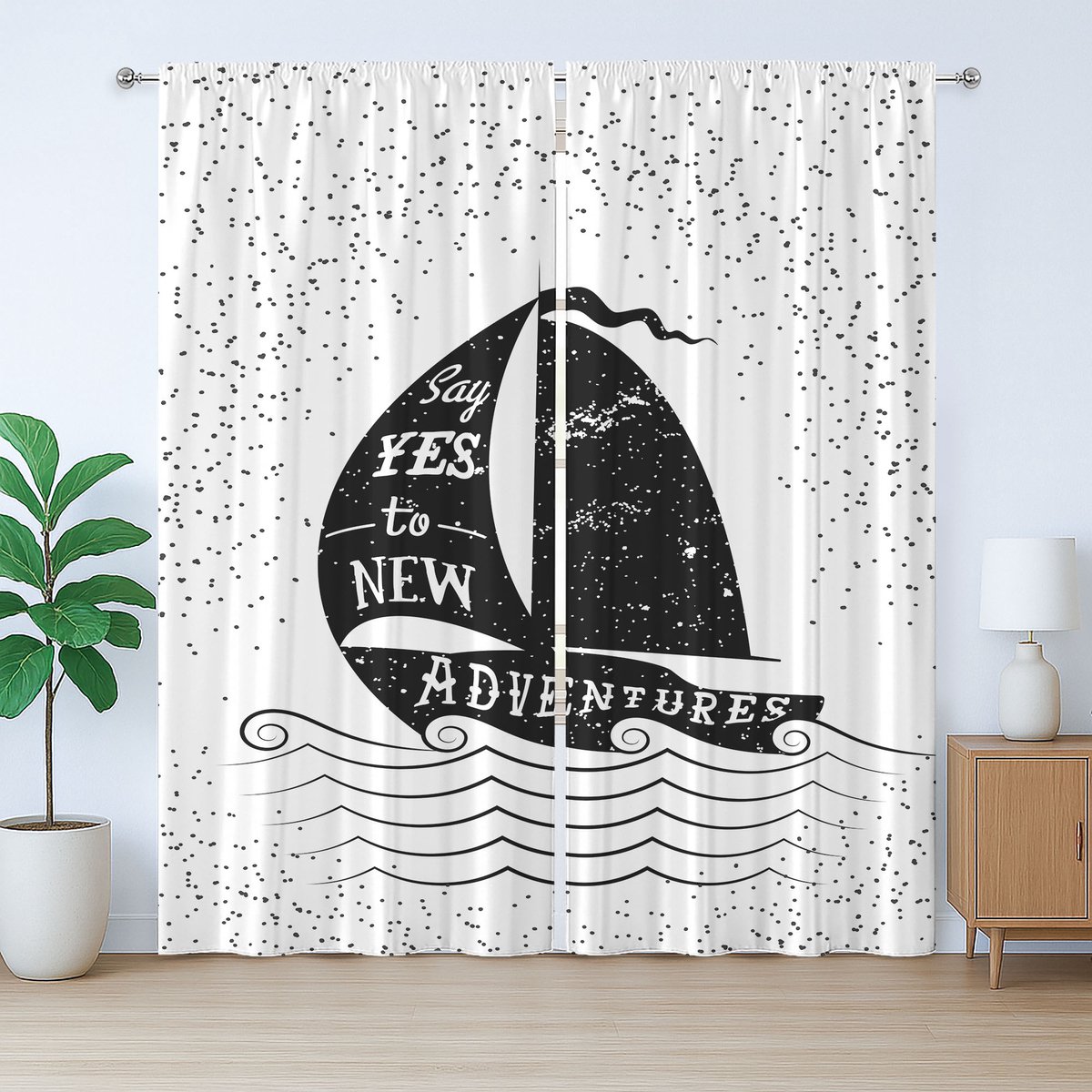 ABAKUHAUS Avontuurlijk Rustiek Gordijn, Kleine Boot Maritiem, Universele Gordijnen met Bandjes en Lussen voor de Woonkamer, 280 x 175 cm, Wit Zwart