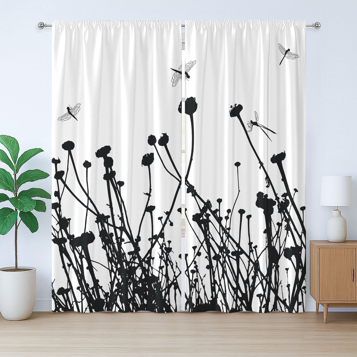 ABAKUHAUS Zwart-wit rustiek gordijn, wilde bloemen, met lussen en haken voor de woonkamer, 280 x 245 cm, zwart-wit