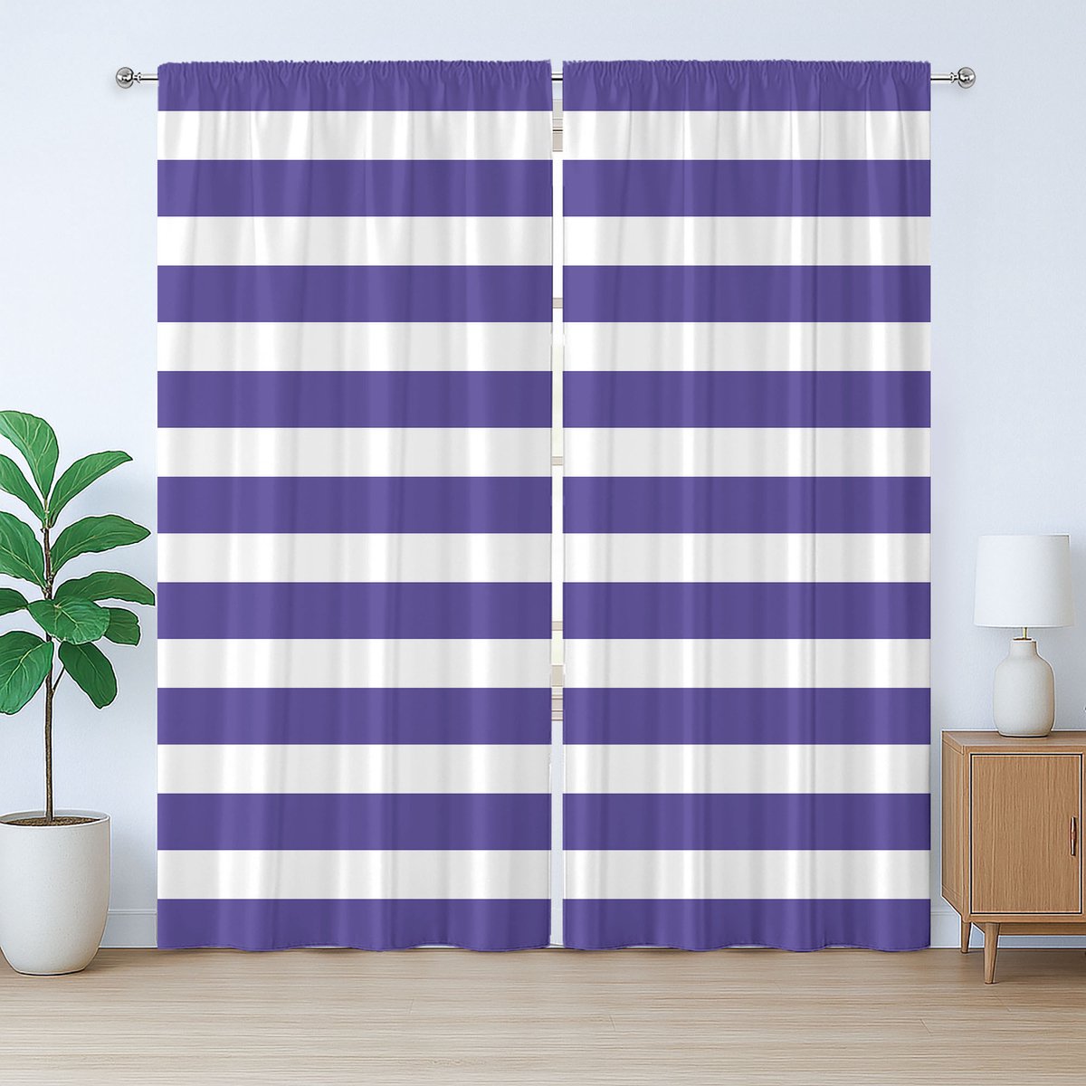 ABAKUHAUS Gestreept rustiek gordijn, marineblauw nautisch zeegezicht, met lussen en haken voor de woonkamer, 280 x 175 cm, paars