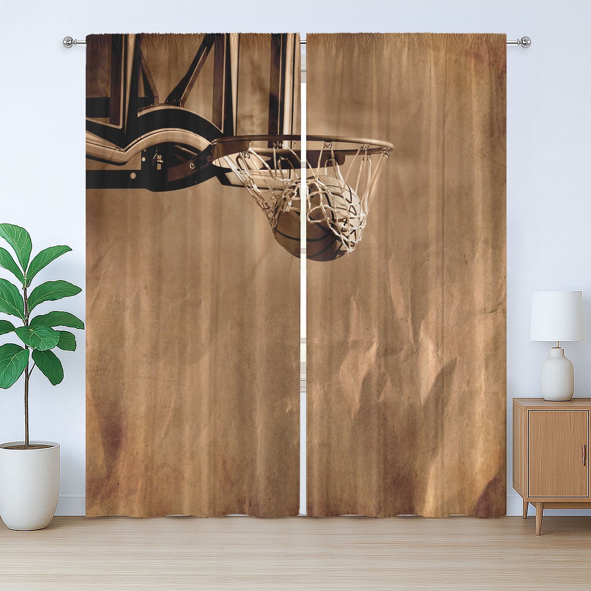 ABAKUHAUS Rustiek basketbalgordijn, bal in netscore, slaapkamergordijn met plooien en haken, 280 x 175 cm, sepia
