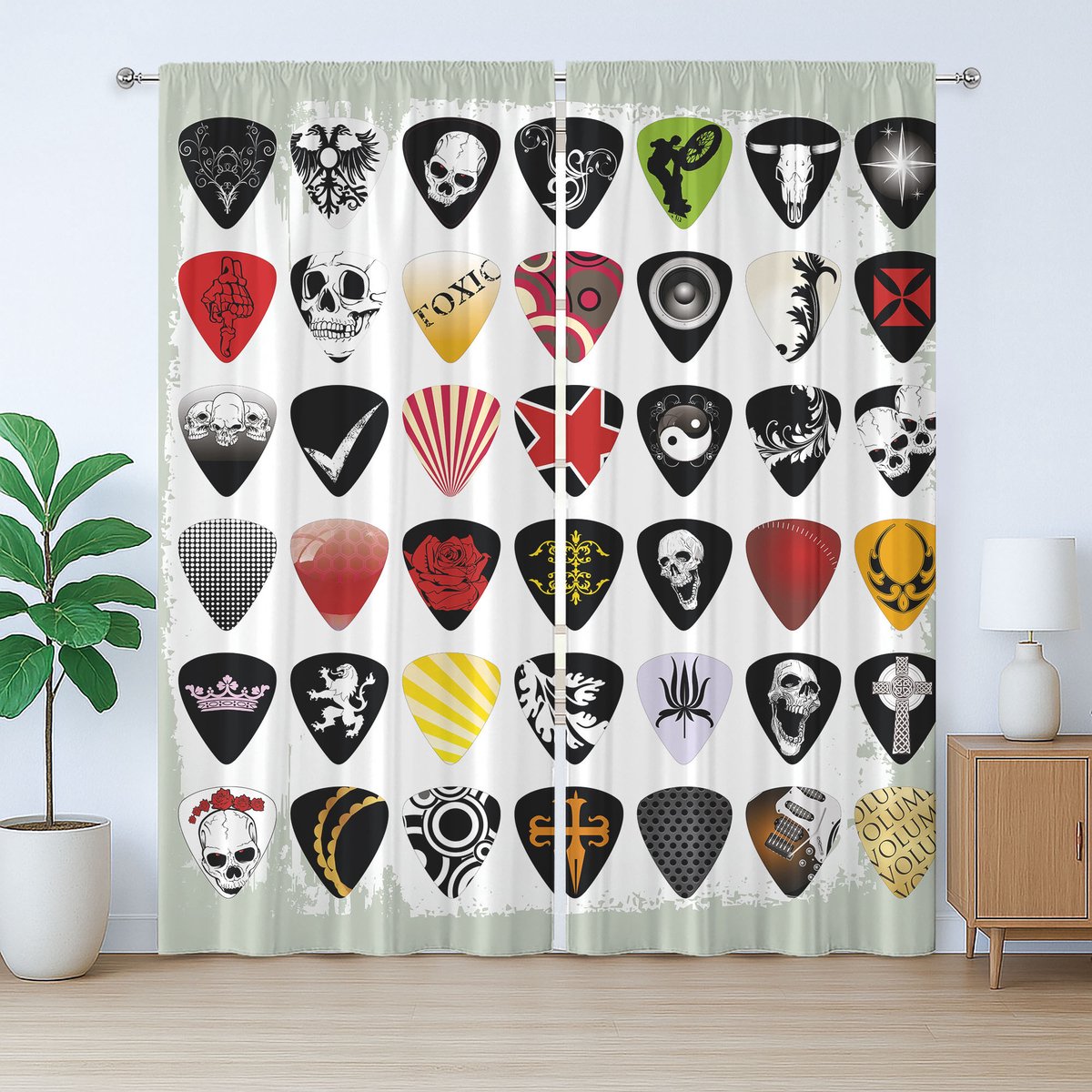 ABAKUHAUS Rockmuziek Rustiek Gordijn, Set, Slaapkamergordijn met Plissébanden, Lussen en Haken, 280 x 260 cm, Zwart Wit Rood