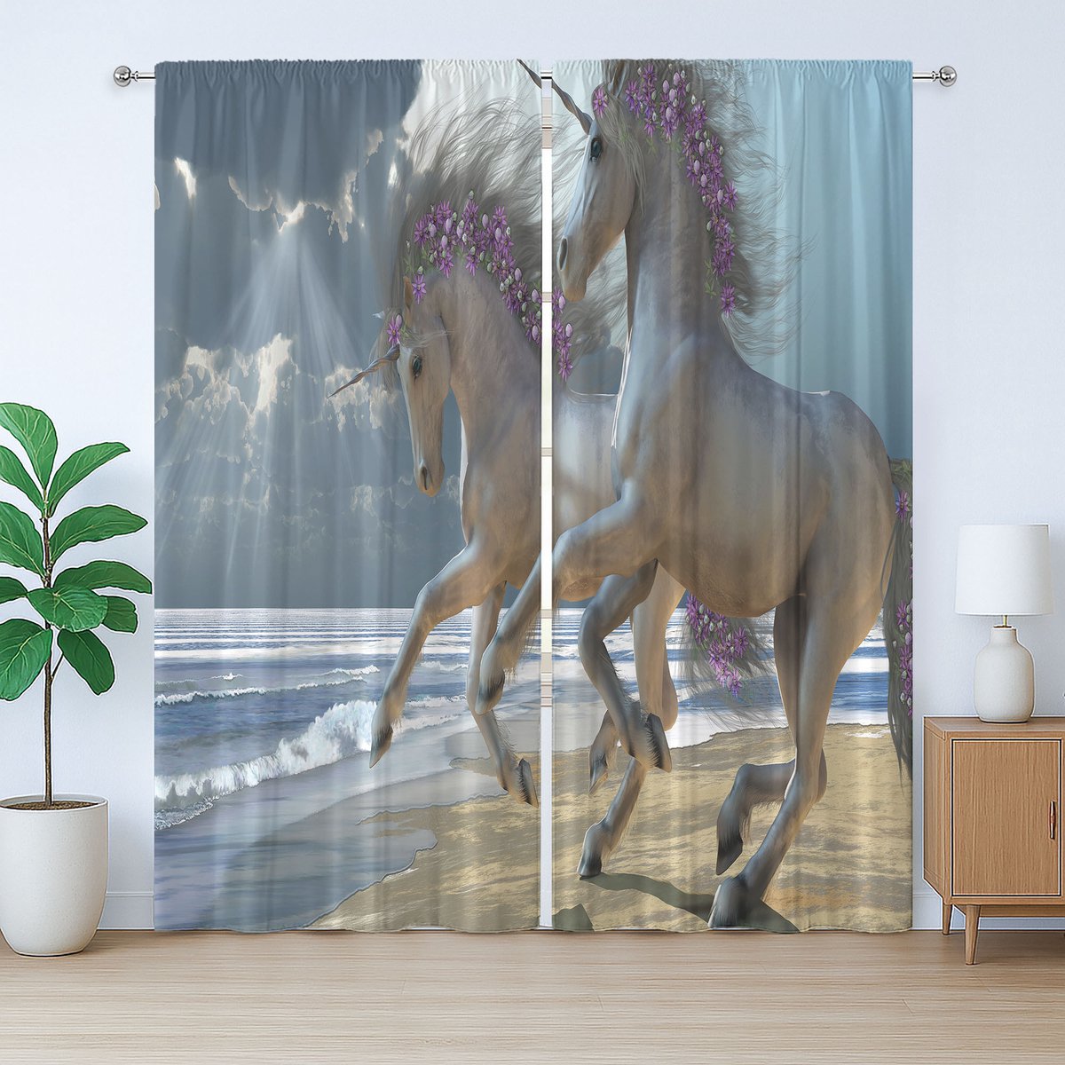 ABAKUHAUS Rustiek paardengordijn, met bloemmotief versierde manen, met lussen en haken voor de woonkamer, 280 x 175 cm, lichtgrijs paars