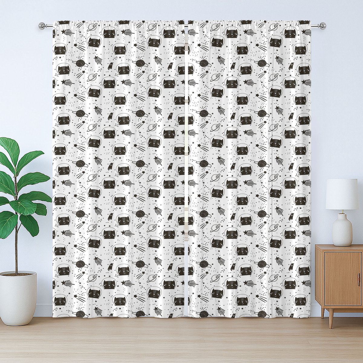 ABAKUHAUS Rustiek gordijn met krabbels, katten in de ruimte, slaapkamergordijn met lussen en haken, 280 x 175 cm, zwart-wit