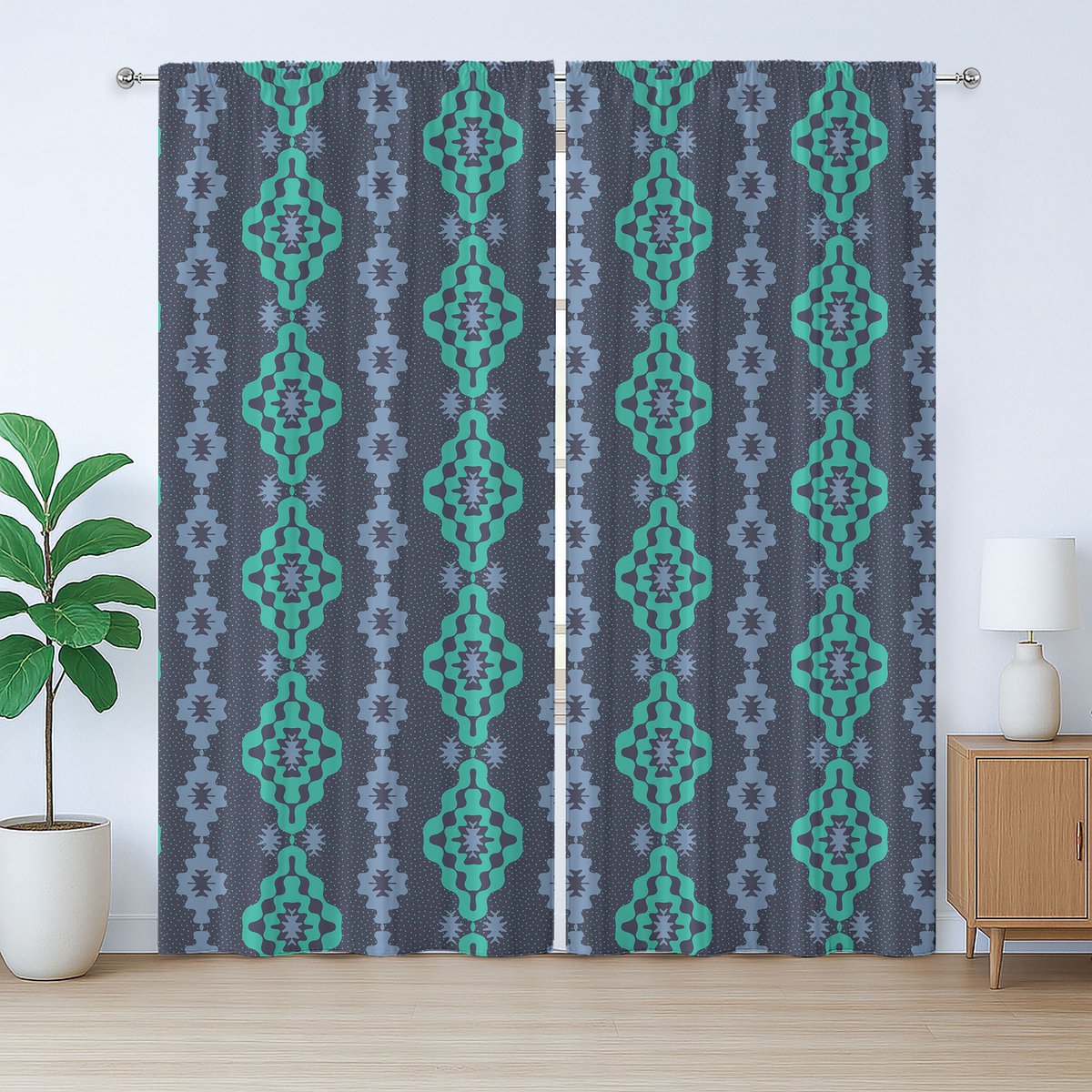 ABAKUHAUS Etnisch rustiek gordijn, Boheems retro motief, slaapkamergordijn met plooien, lussen en haken, 280 x 245 cm, zeegroen/plafondblauw