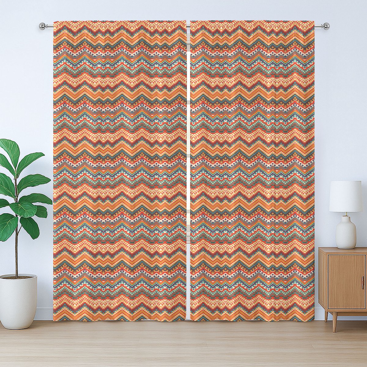 ABAKUHAUS Kleurrijk rustiek gordijn, chevron zigzag, met lussen en haken voor de woonkamer, 280 x 245 cm, meerkleurig