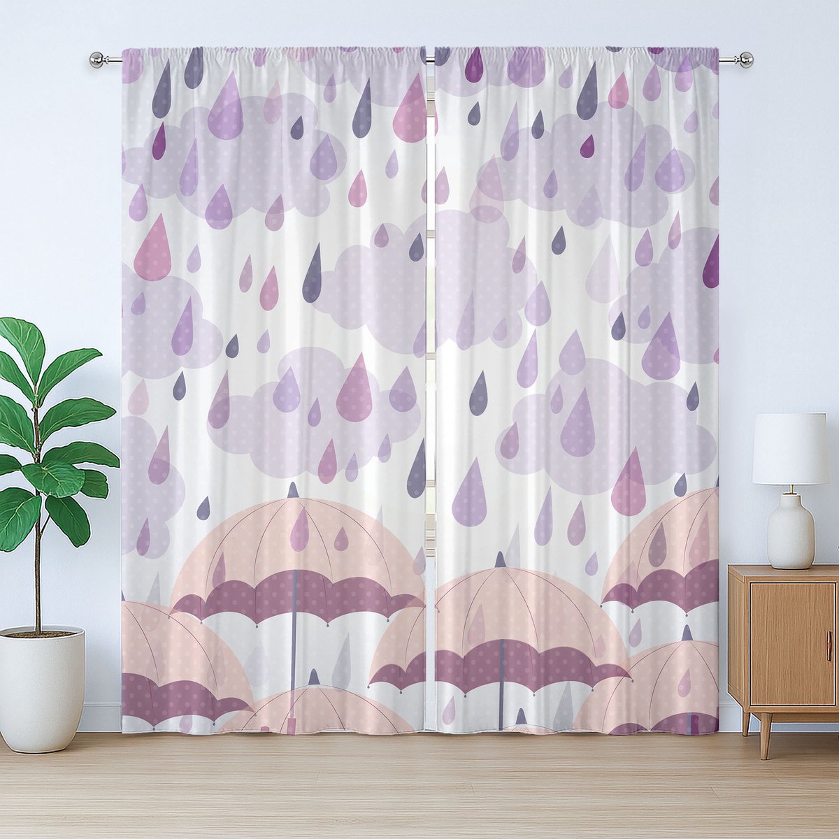 ABAKUHAUS Rustiek paars gordijn, roze paraplu's regen, slaapkamergordijn met lussen en haken, 280 x 260 cm, paarsroze