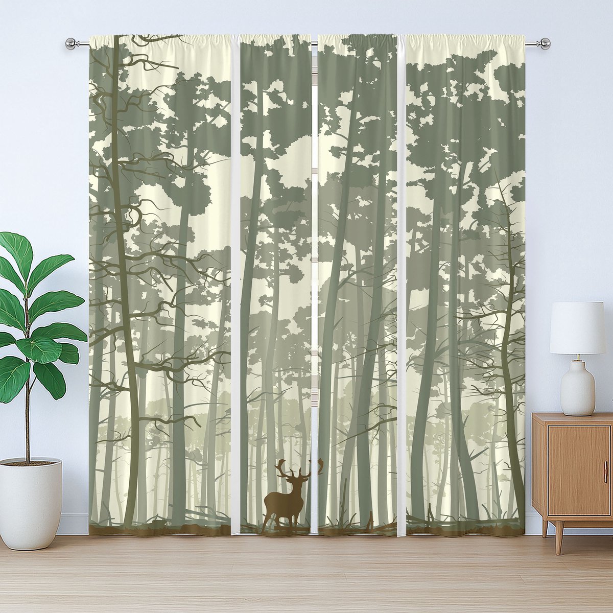 ABAKUHAUS Rustiek bosgordijn, dennen- en hertenmotief, slaapkamergordijn met geplooide band, lussen en haken, 280 x 175 cm, saliegroen, bruin, crème