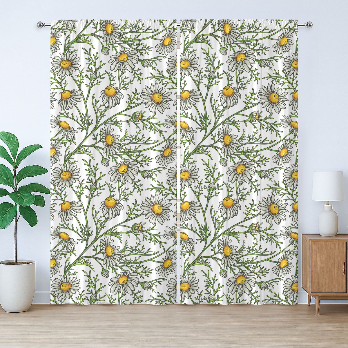 ABAKUHAUS Madeliefjes Rustiek Gordijn, Kamille Bloemenveld Kunst, met Bandjes voor de Woonkamer met Lussen en Haken, 280 x 175 cm, Oranje Stofgroen