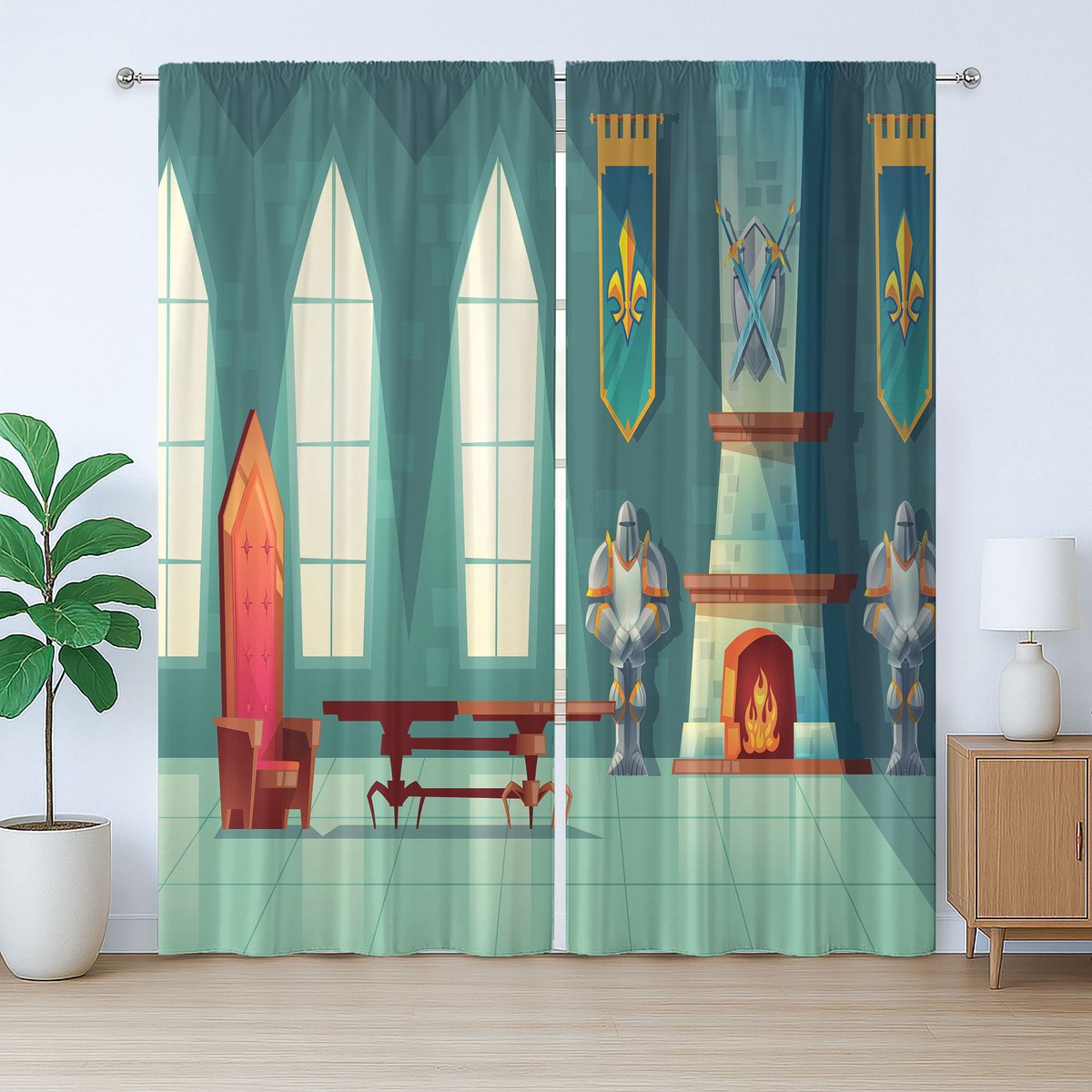 ABAKUHAUS Rustiek haardgordijn, cartoon van een koninklijk kasteel, universeel wandgordijn met lussen en haken , 280 x 245 cm, meerkleurig