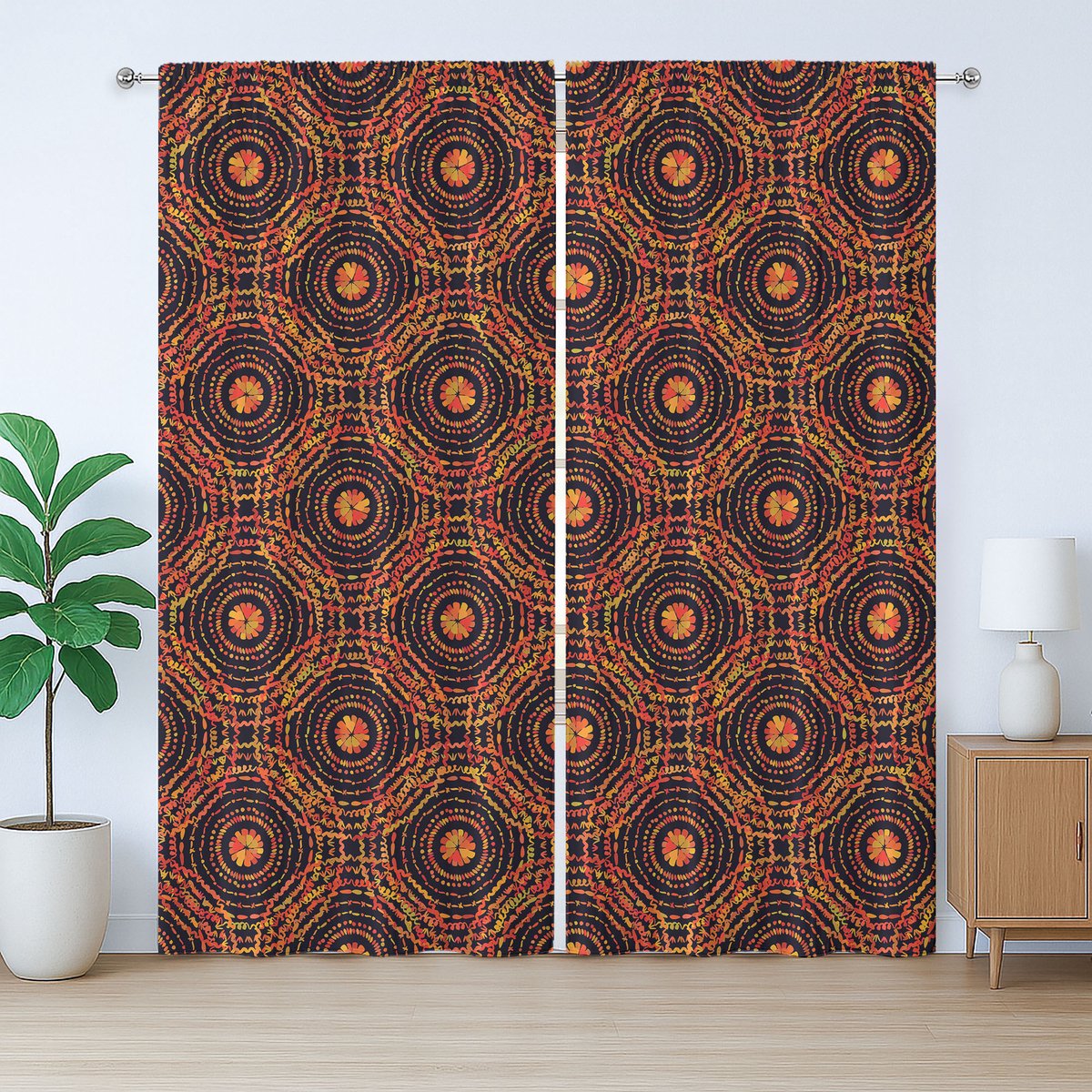 ABAKUHAUS Rustiek Herfstgordijn, Abstracte Cirkels en Bloemen, met Bandjes en Lussen voor de Woonkamer, 280 x 245 cm, Goudsbloem Scharlakenrood