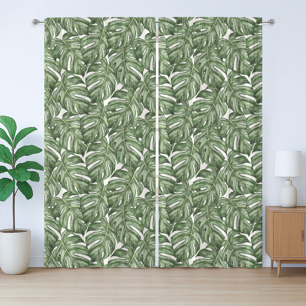 ABAKUHAUS Plant Aquarel Rustiek Gordijn, Grafische Monstera, met Bandjes met Lussen en Haken, 280 x 225 cm, Reseda Groen Meerkleurig