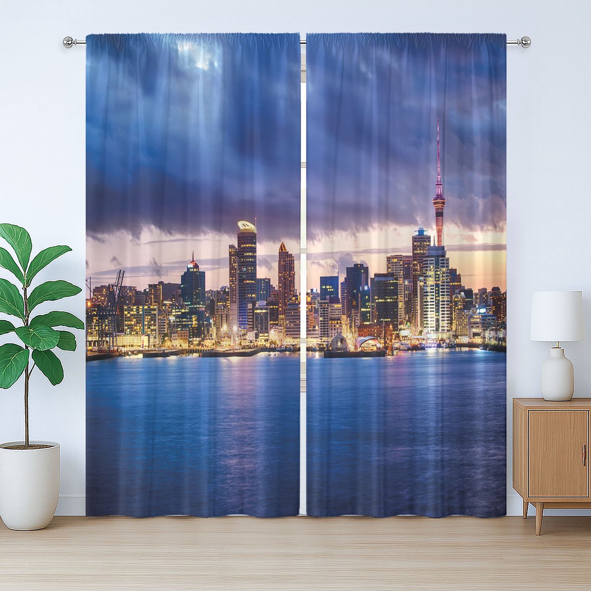 ABAKUHAUS Stadsgordijn Rustiek, Auckland, Nieuw-Zeeland, Slaapkamergordijn met plooien, lussen en haken, 280 x 225 cm, Marineblauw Lichtgeel