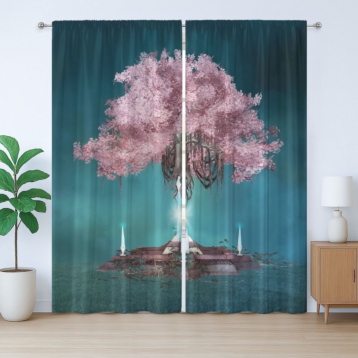ABAKUHAUS Rustiek boomgordijn, roze bloemenprint, slaapkamergordijn met lussen en haken, 280 x 175 cm, lila petrolblauw