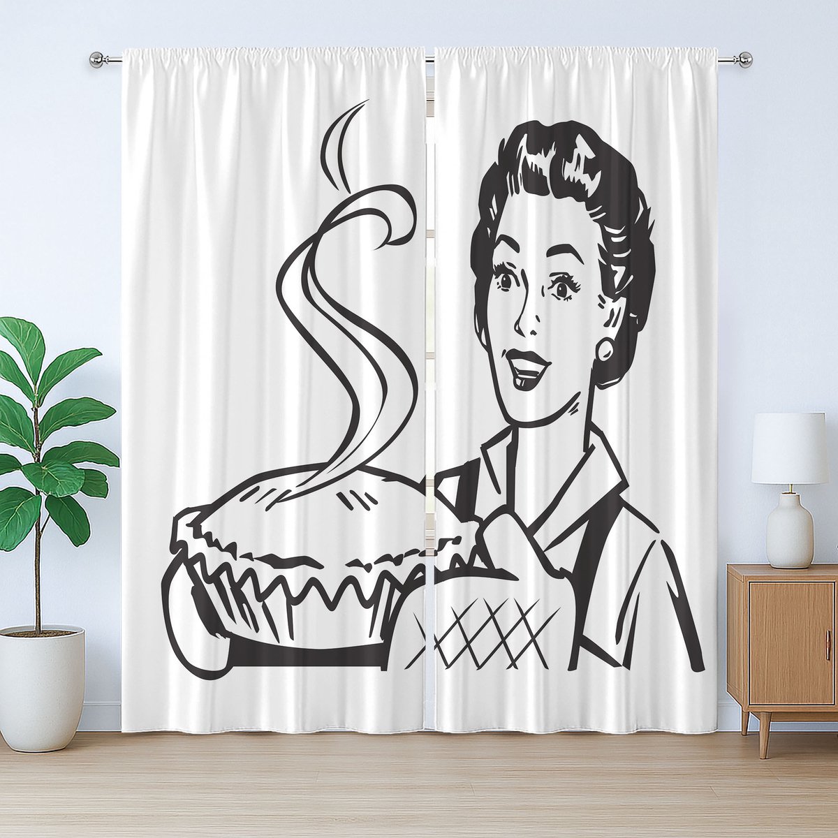 ABAKUHAUS Vintage Rustiek Gordijn met Vrouw die Taart Bakt, met Bandjes voor de Woonkamer met Lussen en Haken, 280 x 175 cm, Zwart-wit