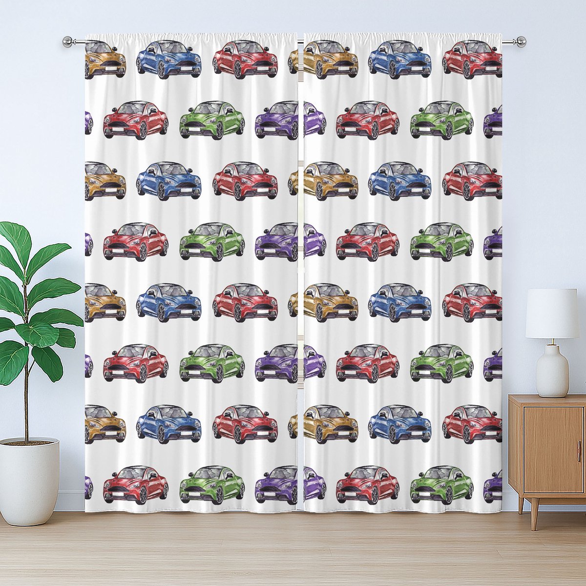 ABAKUHAUS Rustiek Autogordijn, Kleurrijke Snelle Sportwagens, voor de Slaapkamer met Lussen en Haken, 280 x 225 cm, Varen Groen Paars Rood
