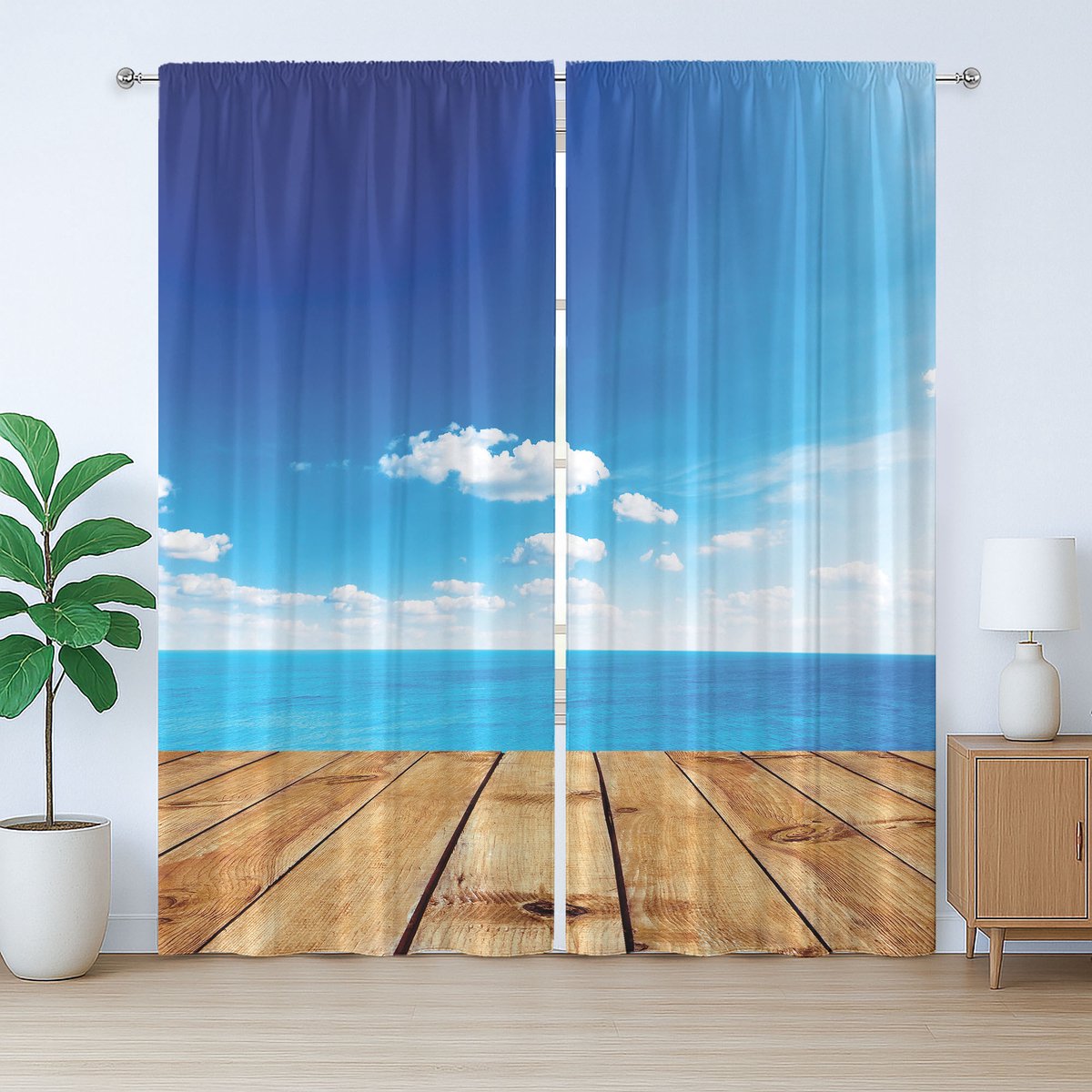 ABAKUHAUS Nautisch rustiek gordijn, zeegezicht bewolkt strand, slaapkamergordijn met plooien, lussen en haken, 280 x 225 cm, bruin wit blauw