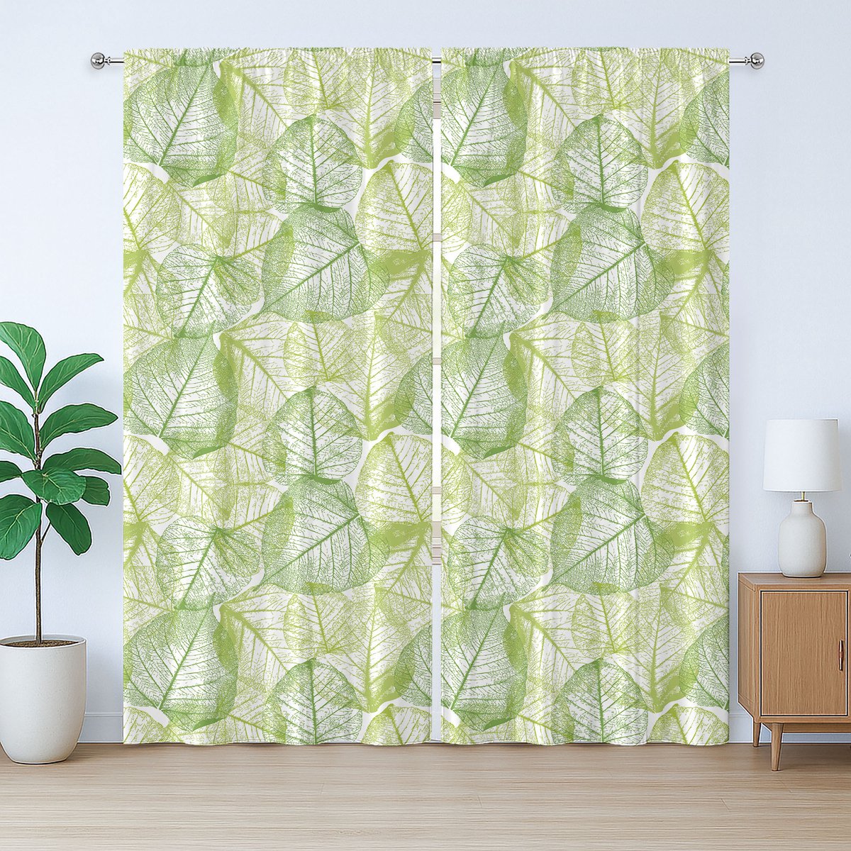 ABAKUHAUS Rustiek bladgordijn, abstracte plantmotieven, slaapkamergordijn met lussen en haken, 280 x 175 cm, limoengroen appelgroen