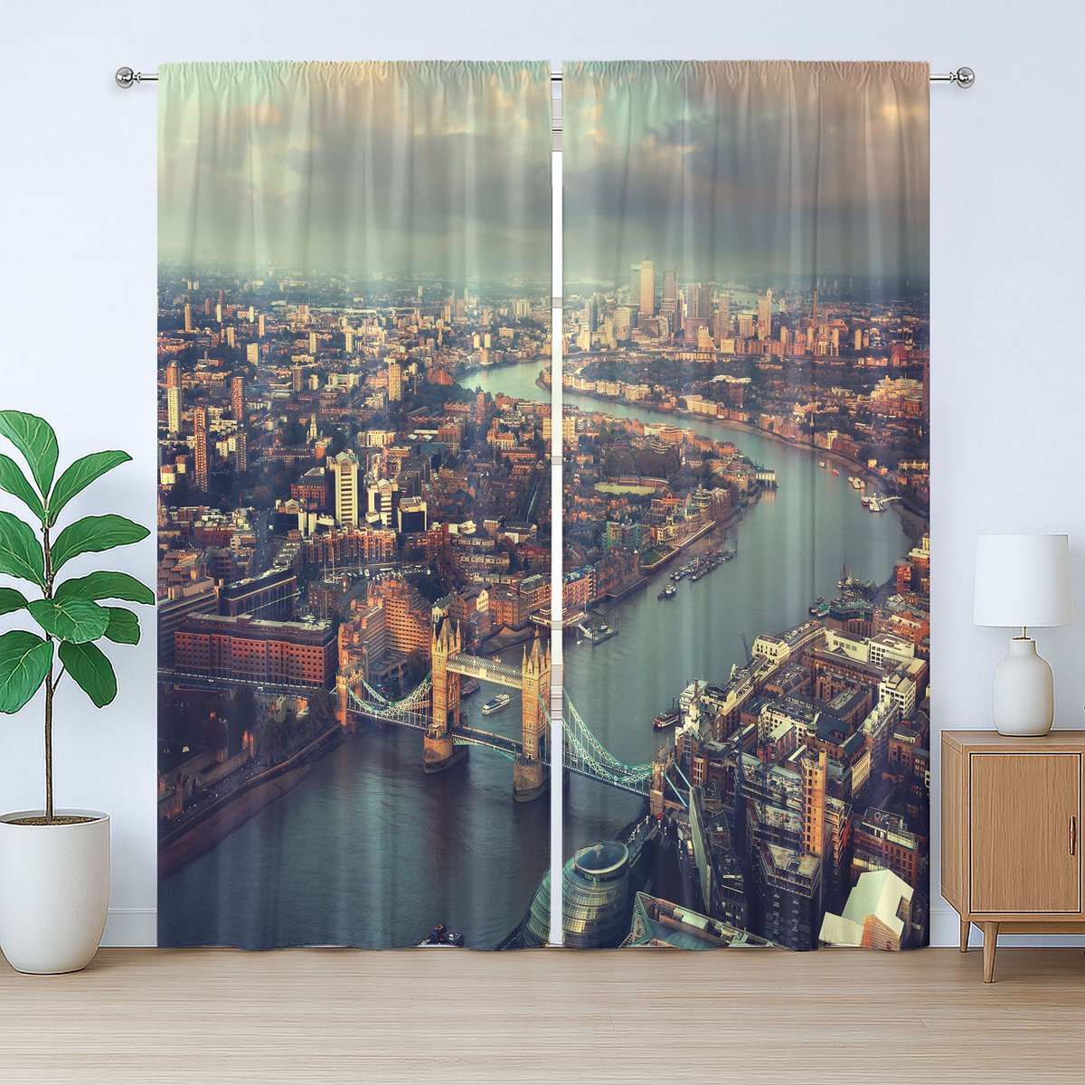 ABAKUHAUS London Rustiek Gordijn, Theems en Brug, Slaapkamergordijn met plooien, lussen en haken, 280 x 175 cm, Amandelgroen Oranje