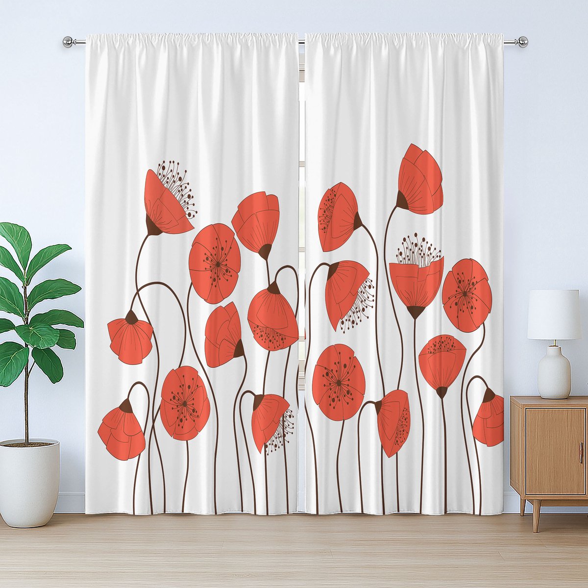ABAKUHAUS Natuurlijk rustiek gordijn, zomerse klaprozen, slaapkamergordijn met plooien, lussen en haken, 280 x 225 cm, Vermiljoen en Parelmoer