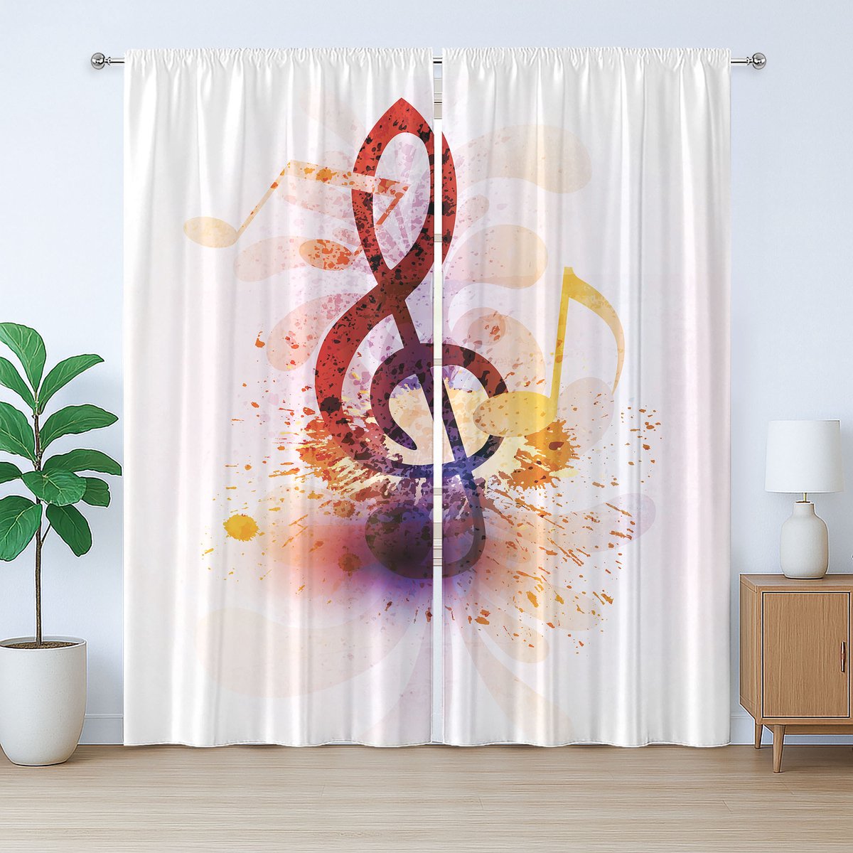 ABAKUHAUS Rustiek gordijn met muzieknotenmotief, kunstwerk met spetters, met lussen en haken voor de woonkamer, 280 x 175 cm, meerkleurig