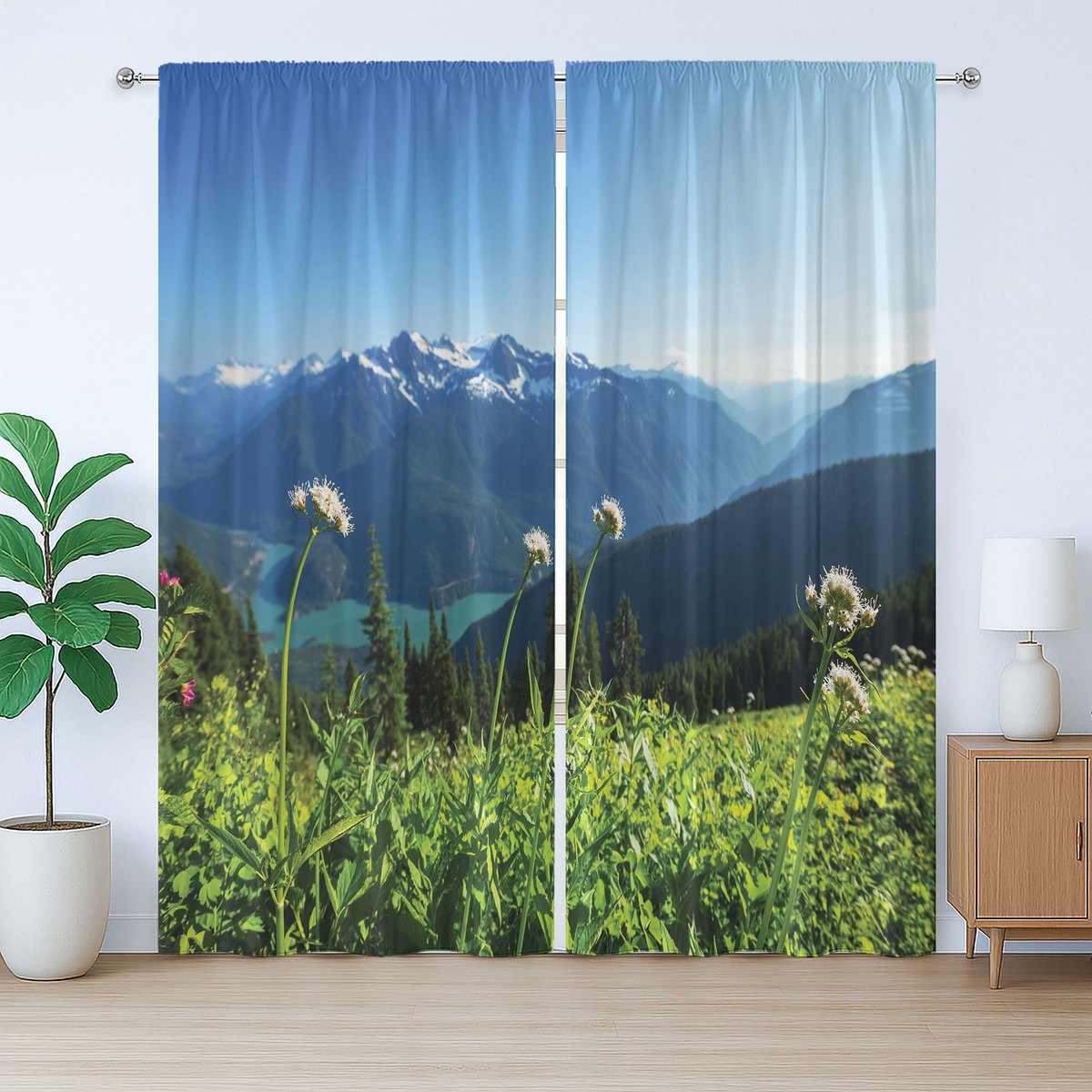 ABAKUHAUS Rustiek Berggordijn, Diablo Lake Paardenbloem, Geplooid Slaapkamergordijn met Lussen en Haken, 280 x 175 cm, Groen Hemelsblauw
