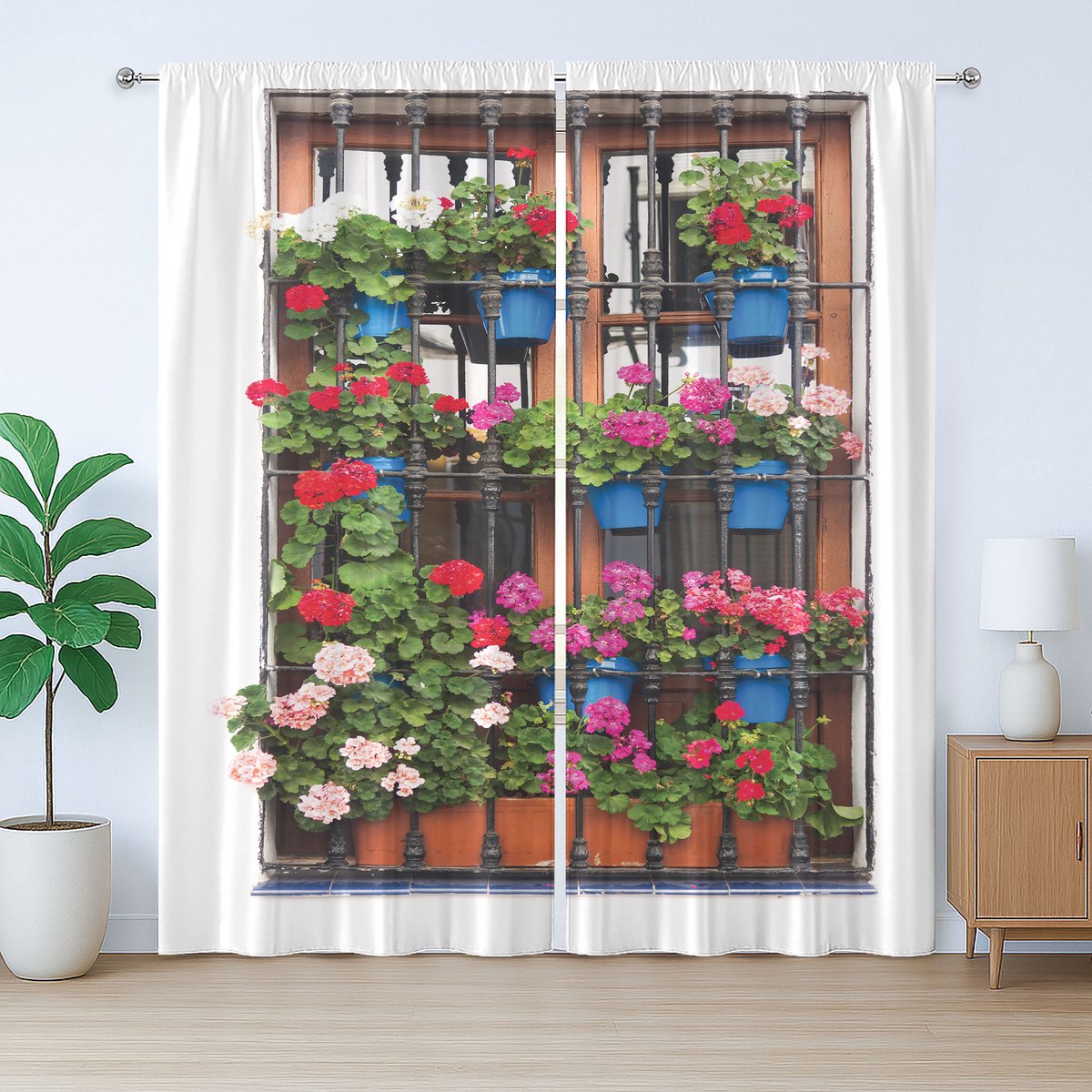 ABAKUHAUS Pelargonium rustiek gordijn, bloempotten op oude ramen, slaapkamergordijn met lussen en haken, 280 x 260 cm, bruin blauw groen