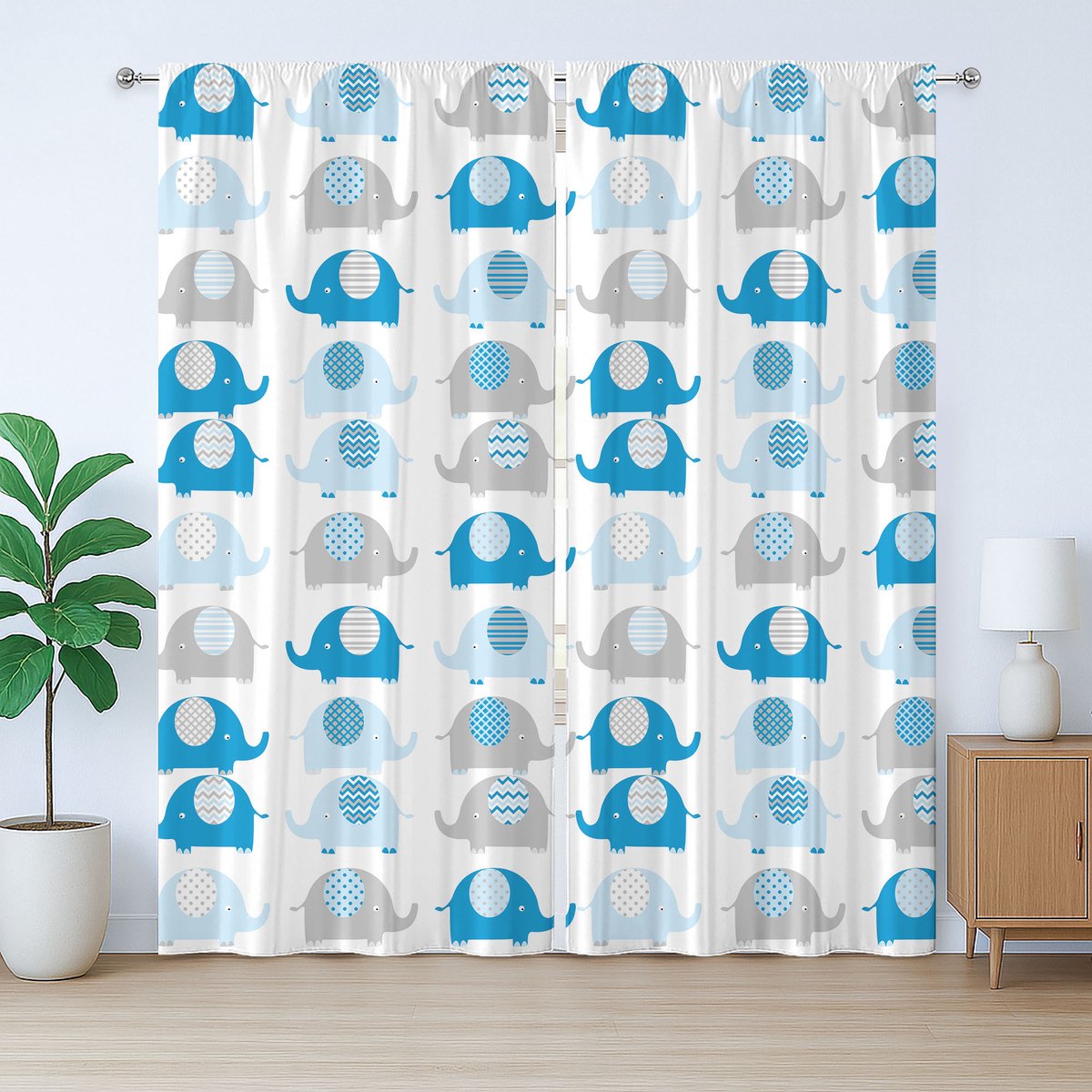 ABAKUHAUS Rustiek Kleutergordijn, Olifantenmotief, Slaapkamergordijn met Geplooide Band, Lusjes en Haken, 280 x 225 cm, Grijsblauw
