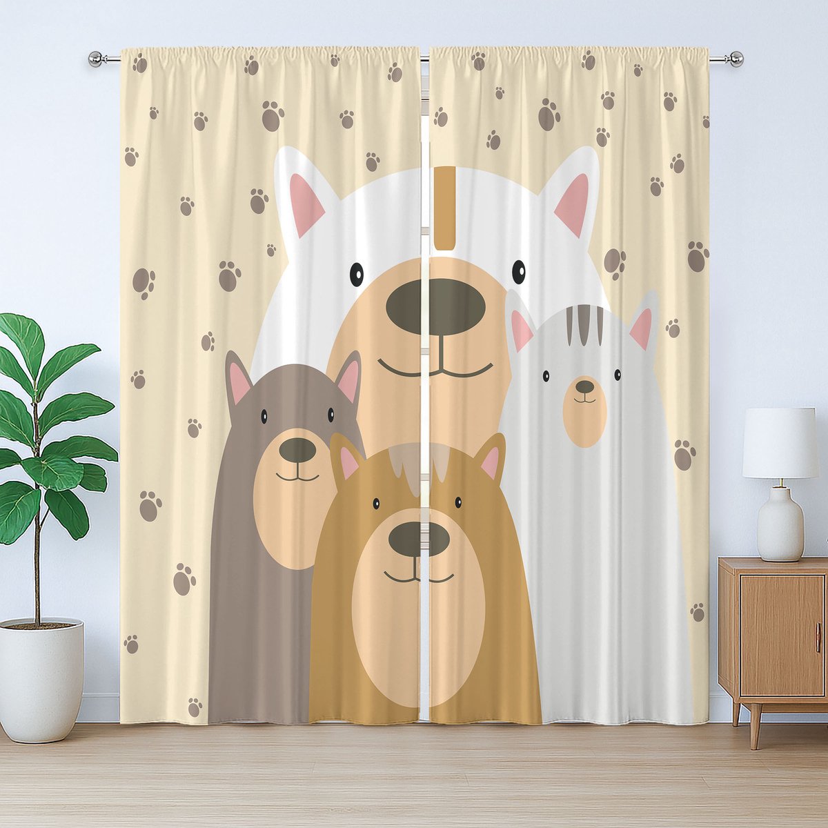 ABAKUHAUS Rustiek gordijn met beer, cartoonfamilieportret, geplooid gordijn met lussen en haken voor de slaapkamer, 280 x 260 cm, crèmebruin