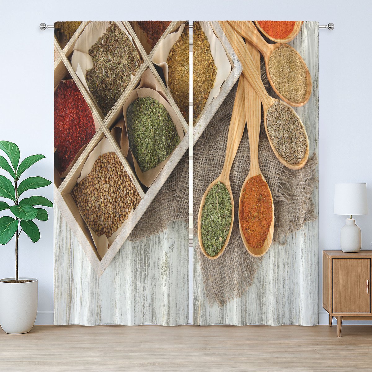 ABAKUHAUS Rustiek Kruidengordijn, Kruidenmotief in doosvorm, met Banden, Lussen en Haken voor de Woonkamer, 280 x 225 cm, Multicolor
