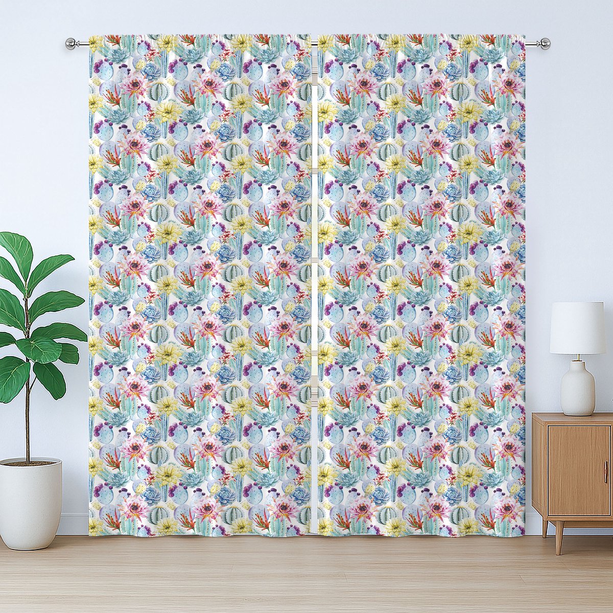 ABAKUHAUS Cactus Rustiek Gordijn, Vintage Latijns-Amerikaans, met Bandjes, Lussen en Haken voor de Woonkamer, 280 x 260 cm, Lichtblauw Geel