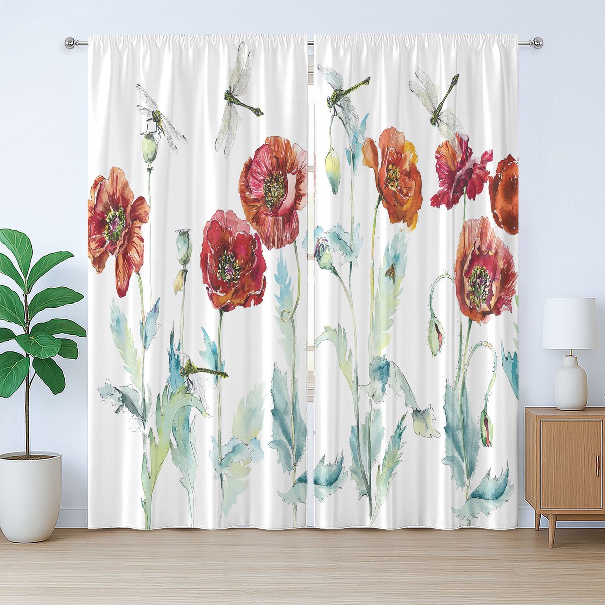 ABAKUHAUS Rustiek gordijn met bloemen en insecten, aquarel klaprozen, slaapkamergordijn met lussen en haken, 280 x 245 cm, wit, groen, rood