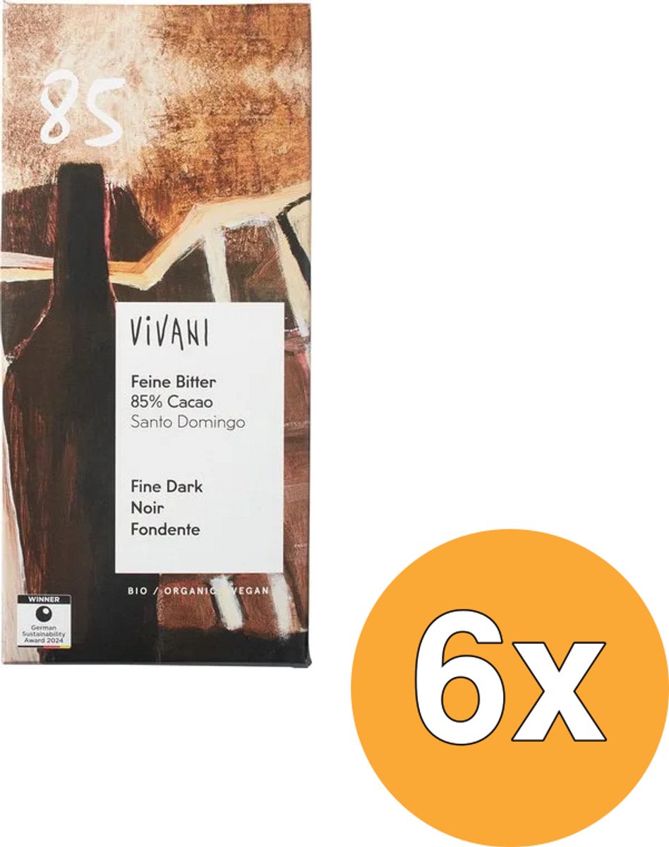 6x Vivani Chocolate Bar Fine Dark 85% Cacao Santo Domingo (80 gr)