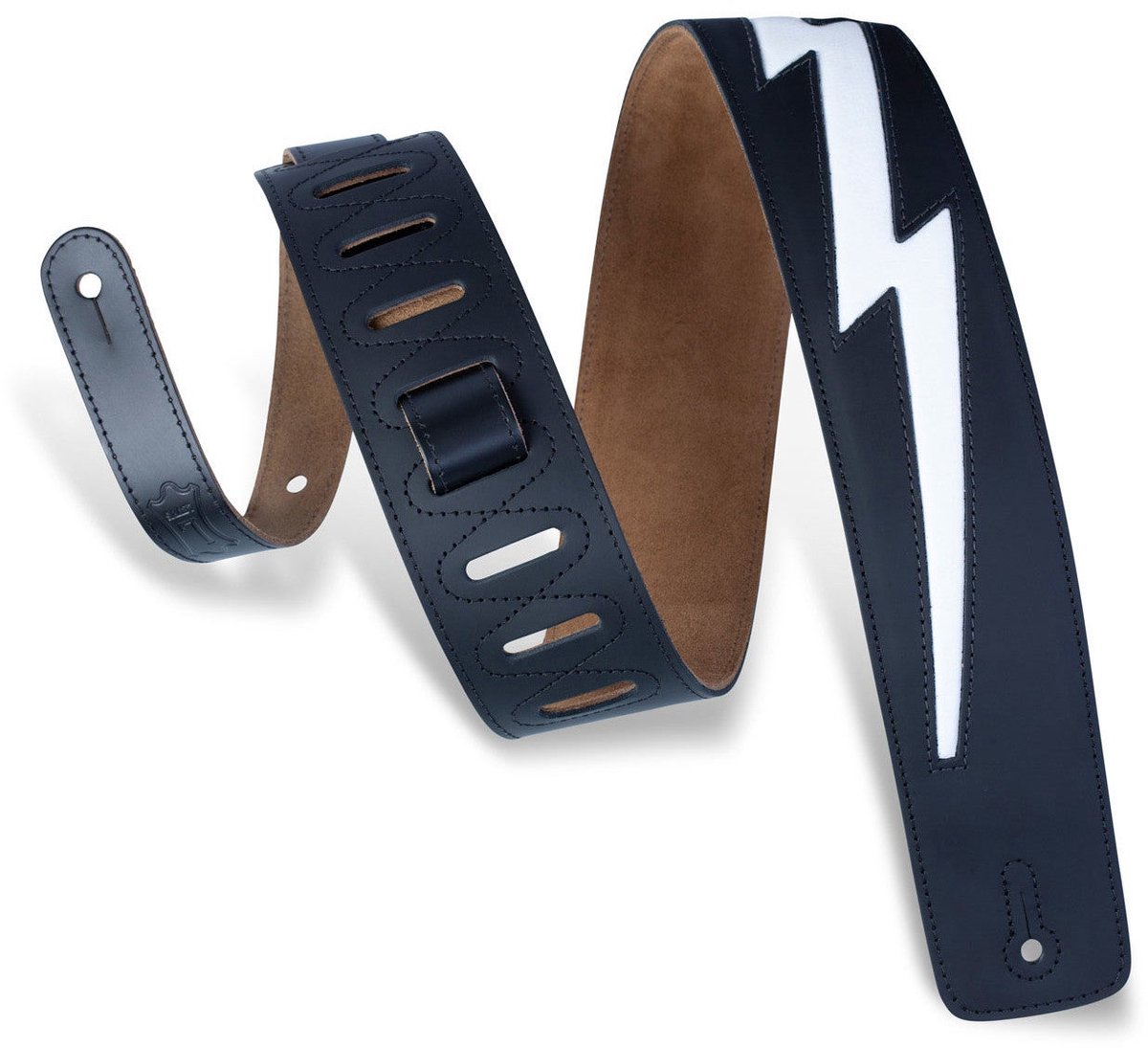 Levys Leathers DM2-BLK lederen gitaarband - zwart met witte bliksemschicht