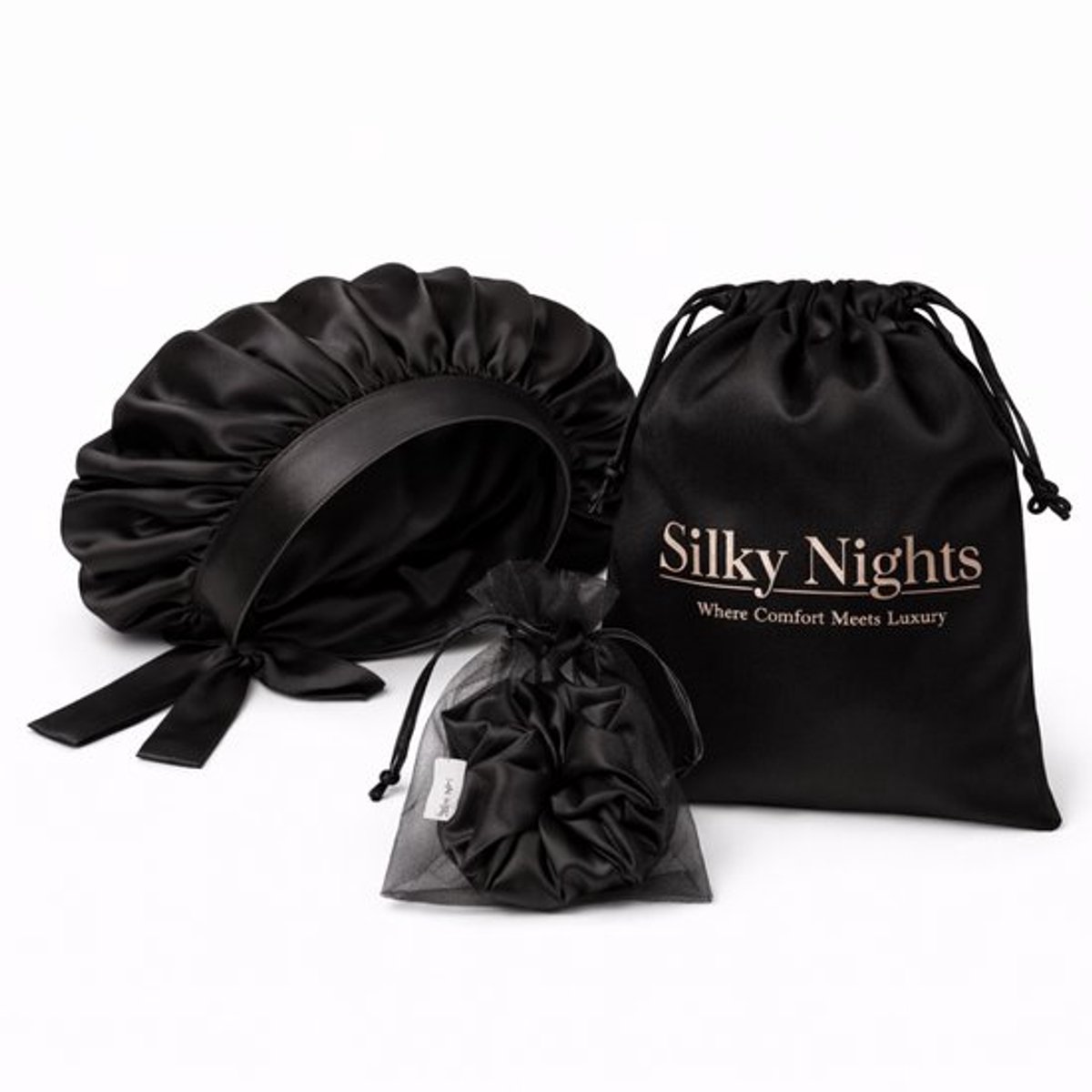 Silky Nights - Maat L/XL - Luxe Zijden Slaapmuts met Scrunchie – 19 momme - 100% Moerbei Zijde – Zwart
