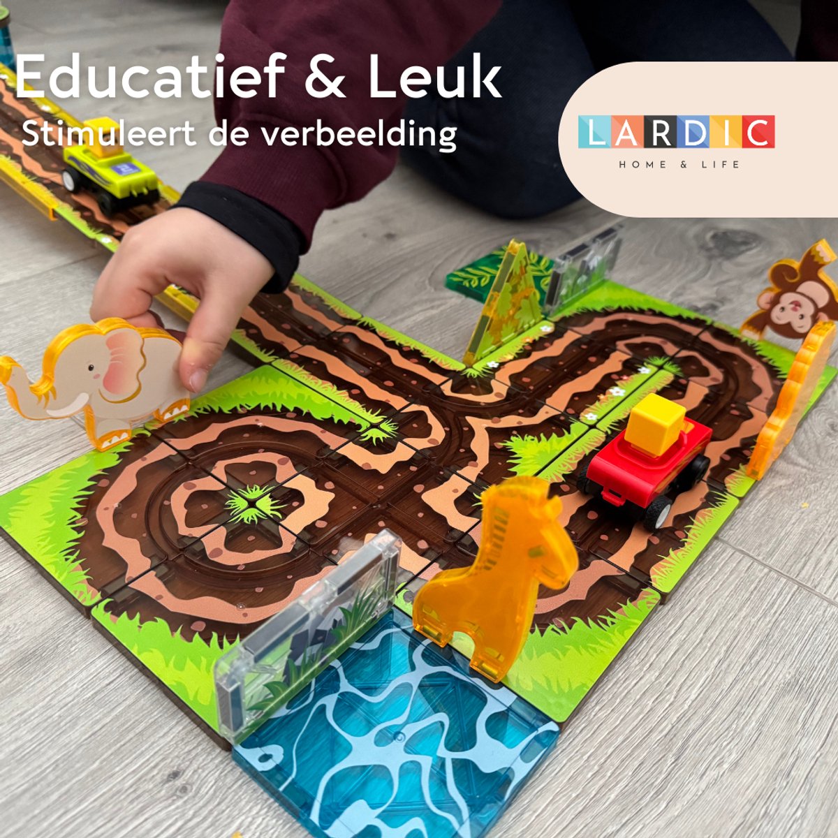 Lardic Magnetisch Speelgoed Racebaan met Zelfrijdende Auto's - Magnetic Tiles - Bouwspeelgoed - Bouwblokken - Magna - Magneten Speelgoed - Magnetische Tegels - Bouwstenen - Dierentuin - Montessori Speelgoed - Mind Educatief Speelgoed — afbeelding 4