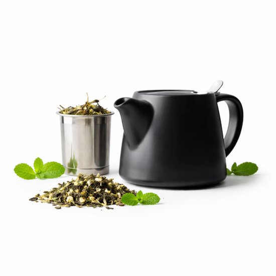 Steinzeit Design theepot met warmer (48 oz) - Premium keramische theepot met infuser voor losse thee - zwarte theepot keramiek met verwijderbare stoomboot