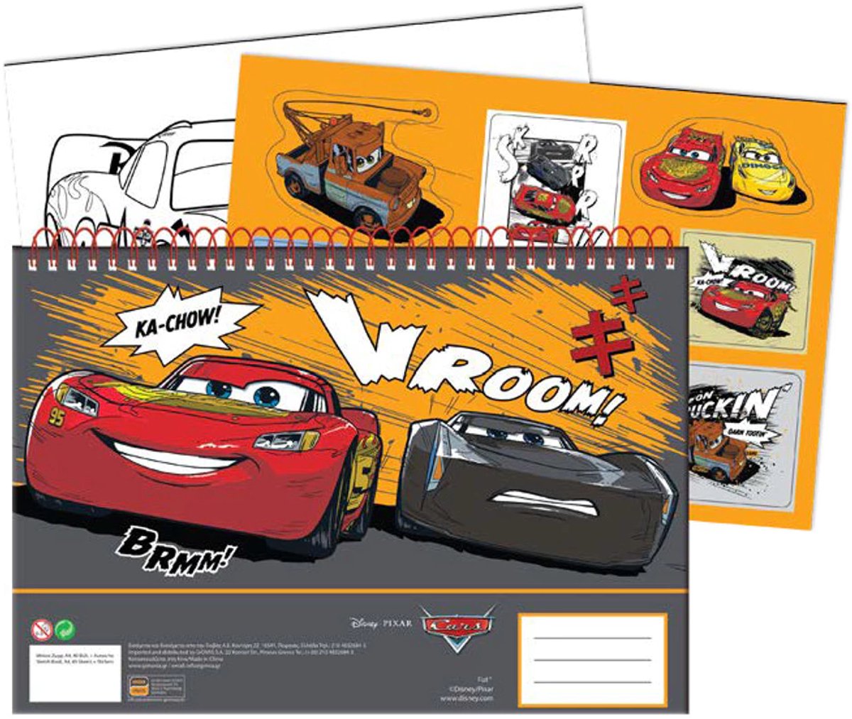 Cars A/4 spiraal schetsboek met Stickervel