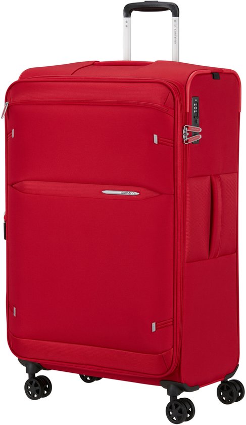 Rode Samsonite koffer met een uitschuifbare handgreep, vier zwarte wielen en een TSA-slot.