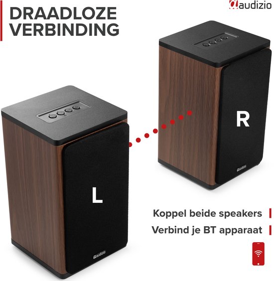 Boekenplank speakers - Audizio BS20 speakerset - Luidspreker boxen met Bluetooth - 60 uur accu - Houtlook van Audizio — afbeelding 3
