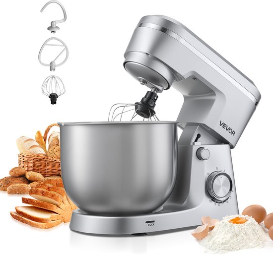 VEVOR Staande Mixer/Foodprocessor voor Bakken, 1500W Deegmachine met Roestvrijstalen Kom (5,7 L) & Deeghaak & Klopper & Garde, 10 Snelheden Kantelbare Mixer