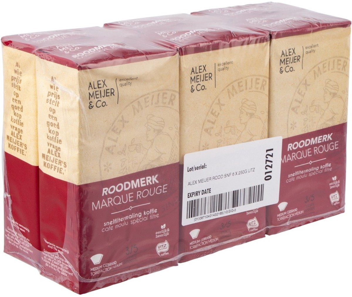 Alex Meijer - Koffie Roodmerk Snelfiltermaling - 6 Pakken van 250 Gram - Snel Filterkoffie - Medium Gebrand - Arabica en Robusta