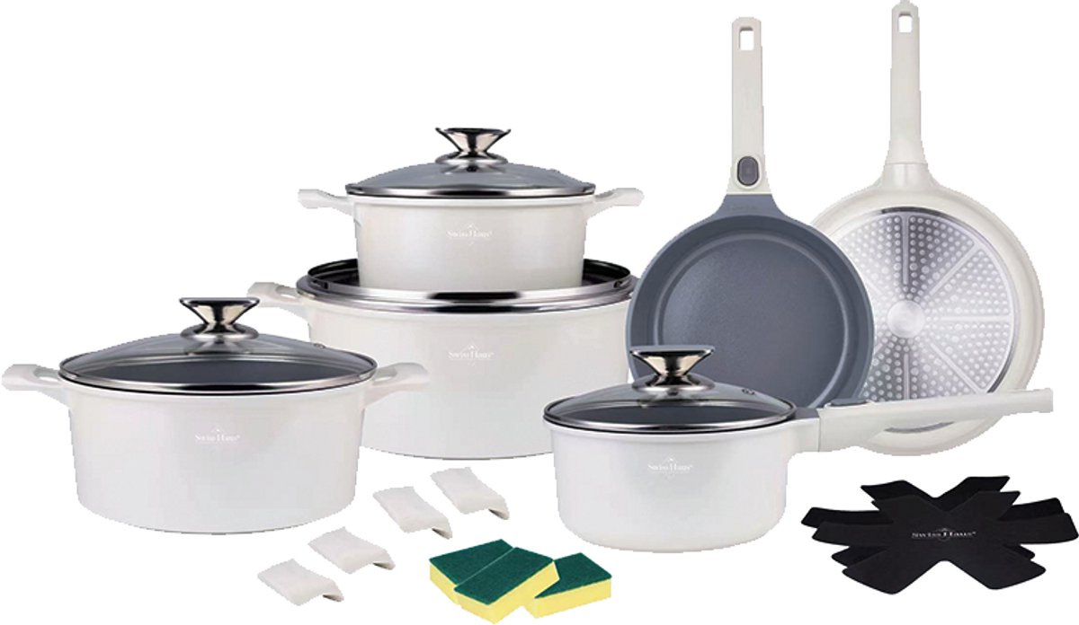 Swiss Haus® LG3019CR Pannenset Inductie - 19 Delige Pannensets - PFAS Vrij - Set Met Koekenpannen, Kookpotten & Steelpan - Pannen met Afneembare Handgrepen - Pan met Sapphire™ Antiaanbaklaag - Creme