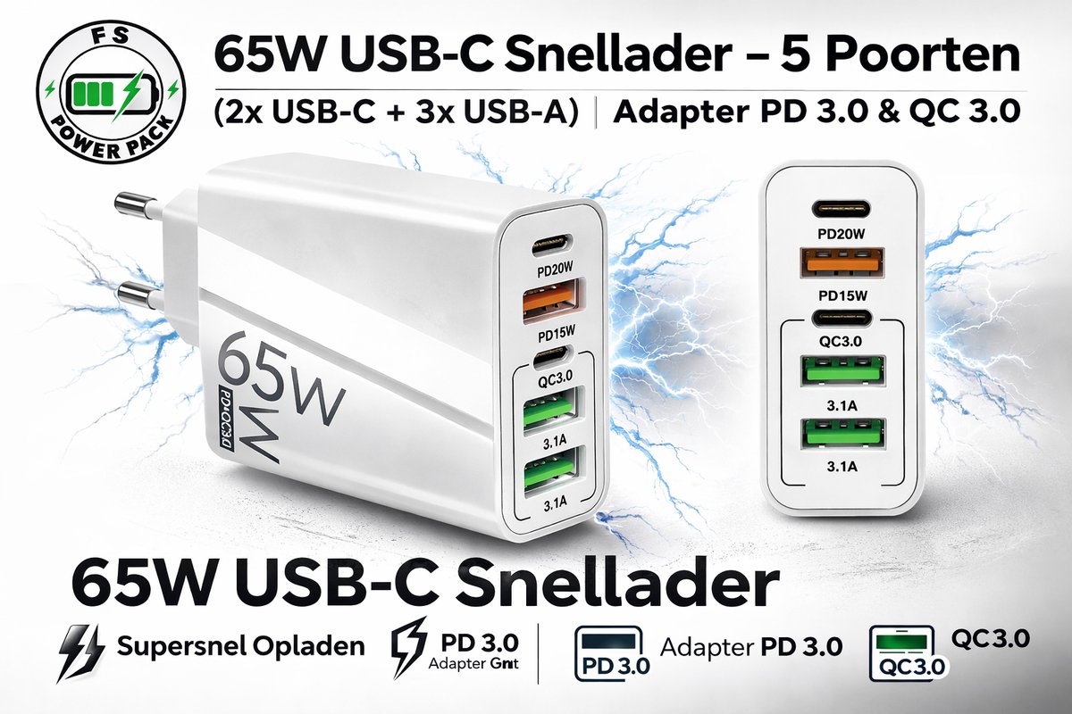 65W USB-C Snellader – 5 Poorten (2x USB-C + 3x USB-A) | Adapter PD 3.0 & QC 3.0 |FS Power Pack Universele Multiport Oplader voor iPhone, Samsung, iPad, Laptop & Meer-Wit