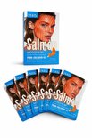 Een doos en zes individuele verpakkingen van Mond'sub zalm PDRN hydrogelmaskers, met een vrouw met een oranje gestreept masker op de voorkant.