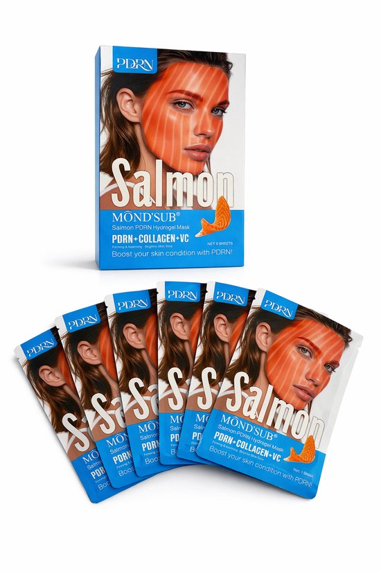Een doos en zes individuele verpakkingen van Mond'sub zalm PDRN hydrogelmaskers, met een vrouw met een oranje gestreept masker op de voorkant.